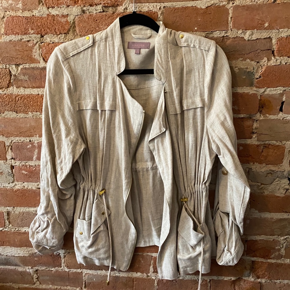 Harper, Cream Jacket with Gold Zipper and Button details, Size Large, Linen